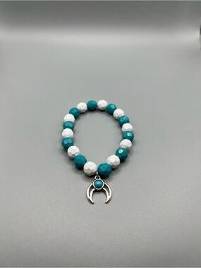 Turquoise & White Beaded Crescent Charm Bracelet - Handmade #B0348T